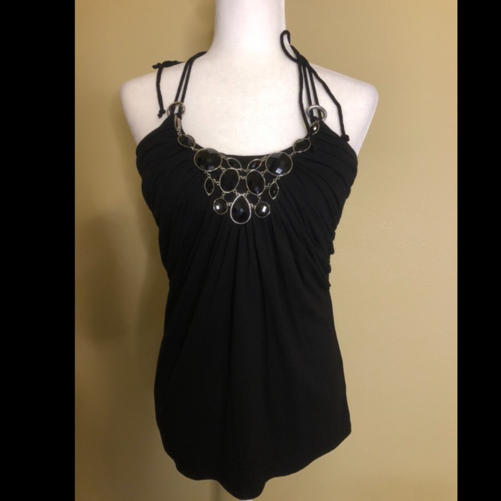 WHBM Black Halter tie top with jewels.